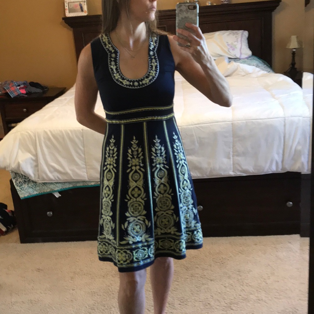 Inc blue and gold gladiator dress